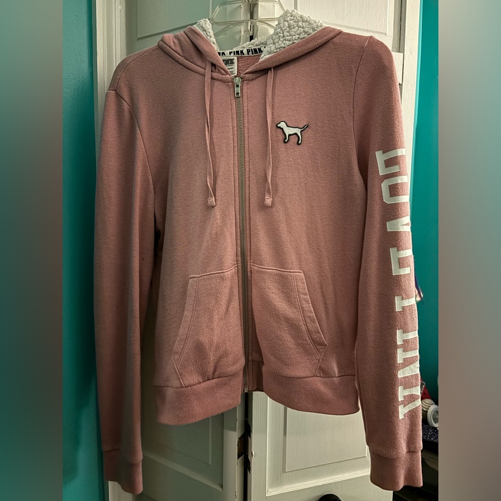 VS PINK women’s dusty rose colored full-zip hoodie w/sherpa lining in hood, XS